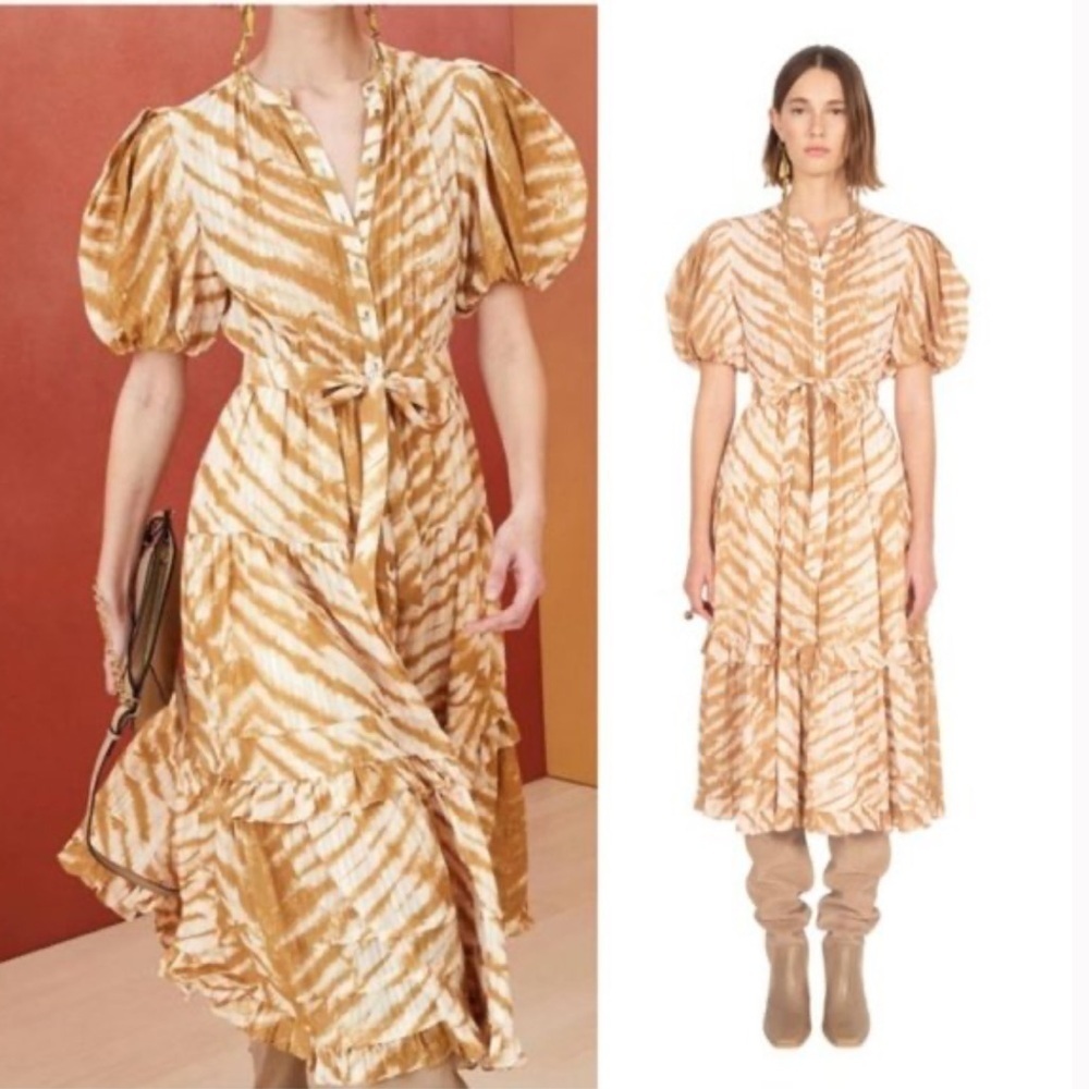 Ulla Johnson Magdalena Midi Dress Sand Tiger Print Puff Sleeves Ruffled